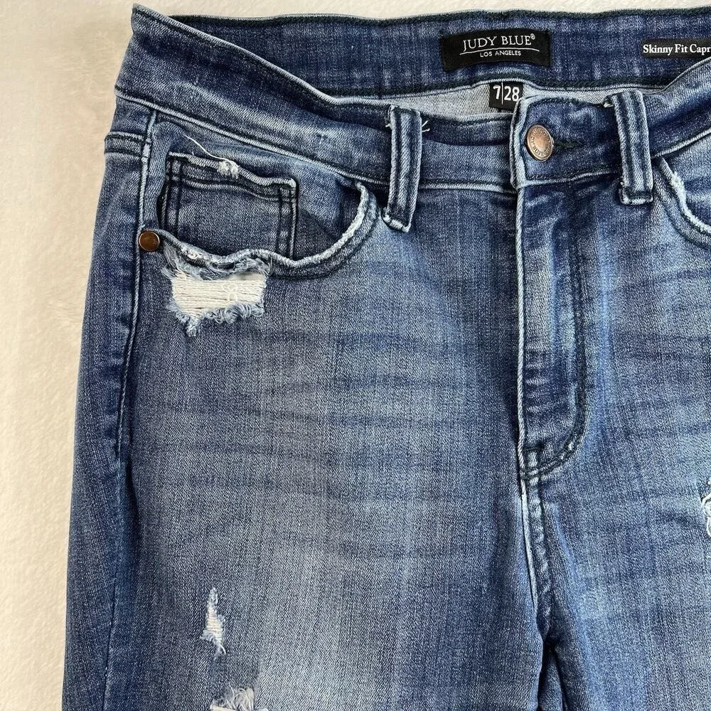 Judy Blue 7‎ / 28 Skinny Fit Capri Jeans Mid Rise Distressed Stretch Denim Blue